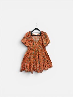 entro Orange Floral V-Neck Puff Sleeve Mini Dress
